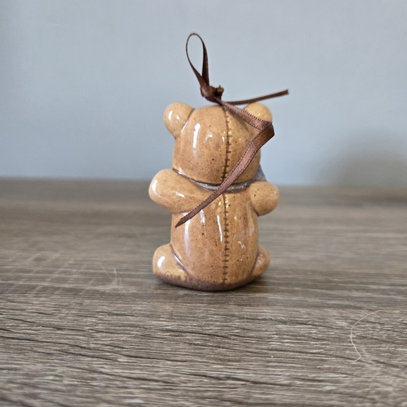 Miniature Teddy Bear with Blue Bow Ceramic Ornament Figurine - Picture 2 of 3